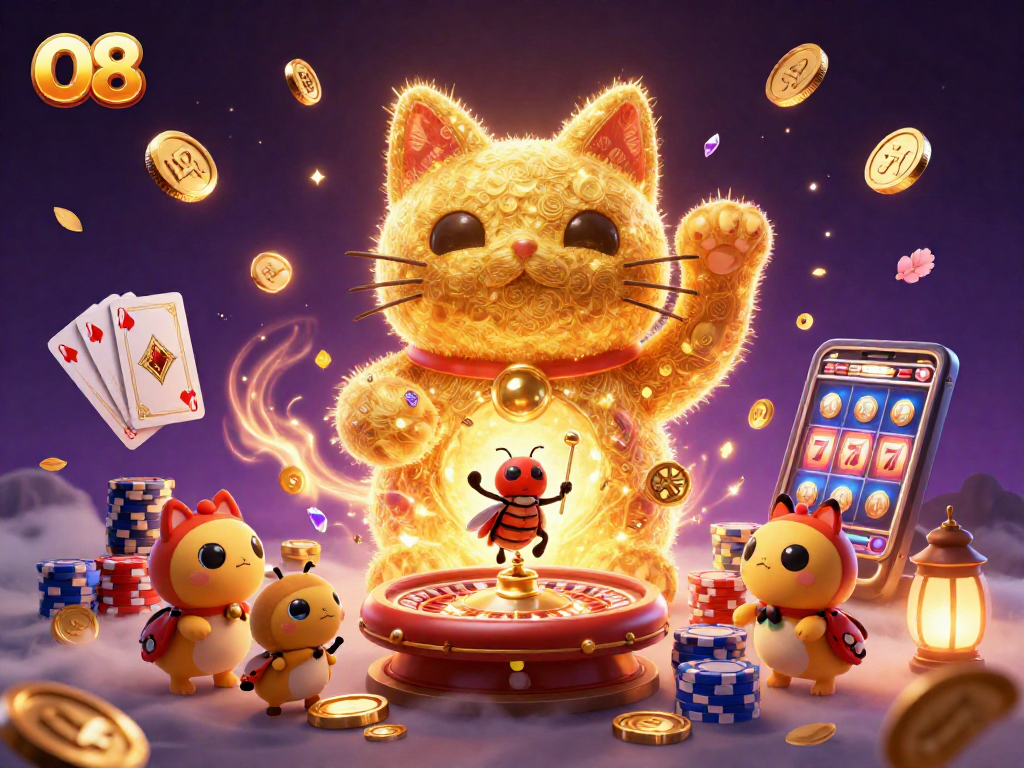 Experience O8's vibrant, interactive casino world with golden fireflies and dynamic gaming symbols.