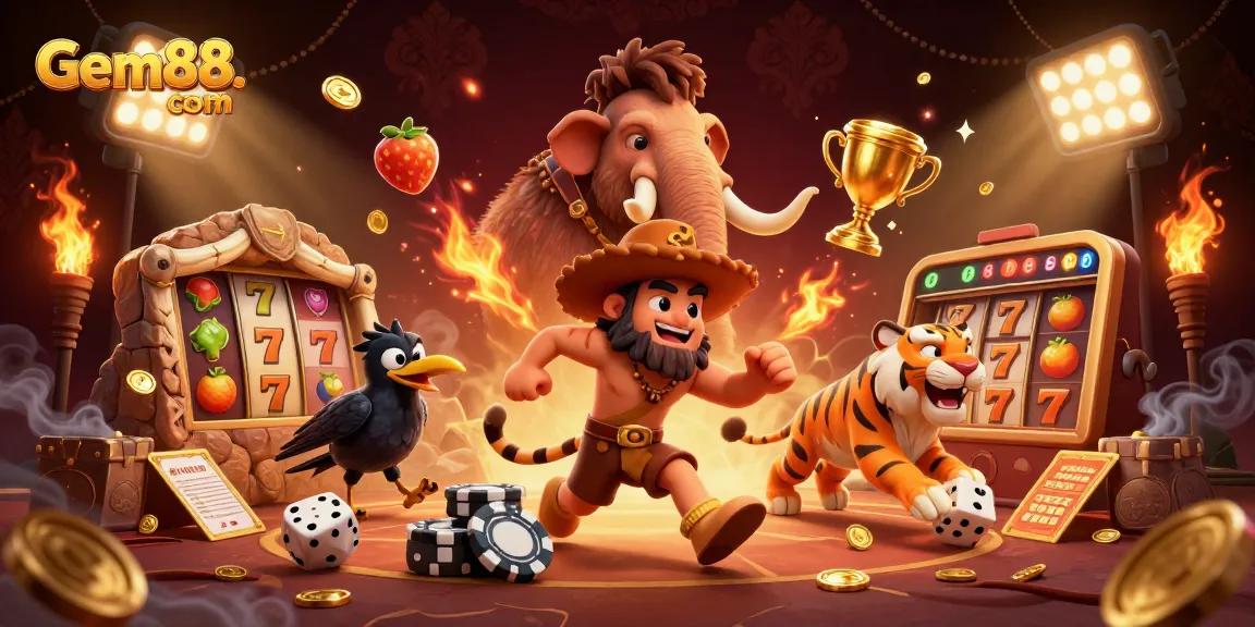 Experience exciting gameplay at Gem88. com with vivid 3D characters in a dynamic casino scene.