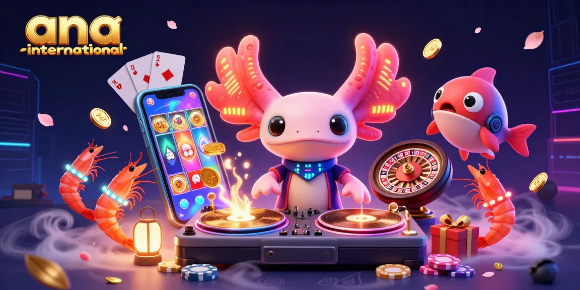 Experience vibrant gaming action at ana-international featuring a neon axolotl DJ and dynamic casino elements.