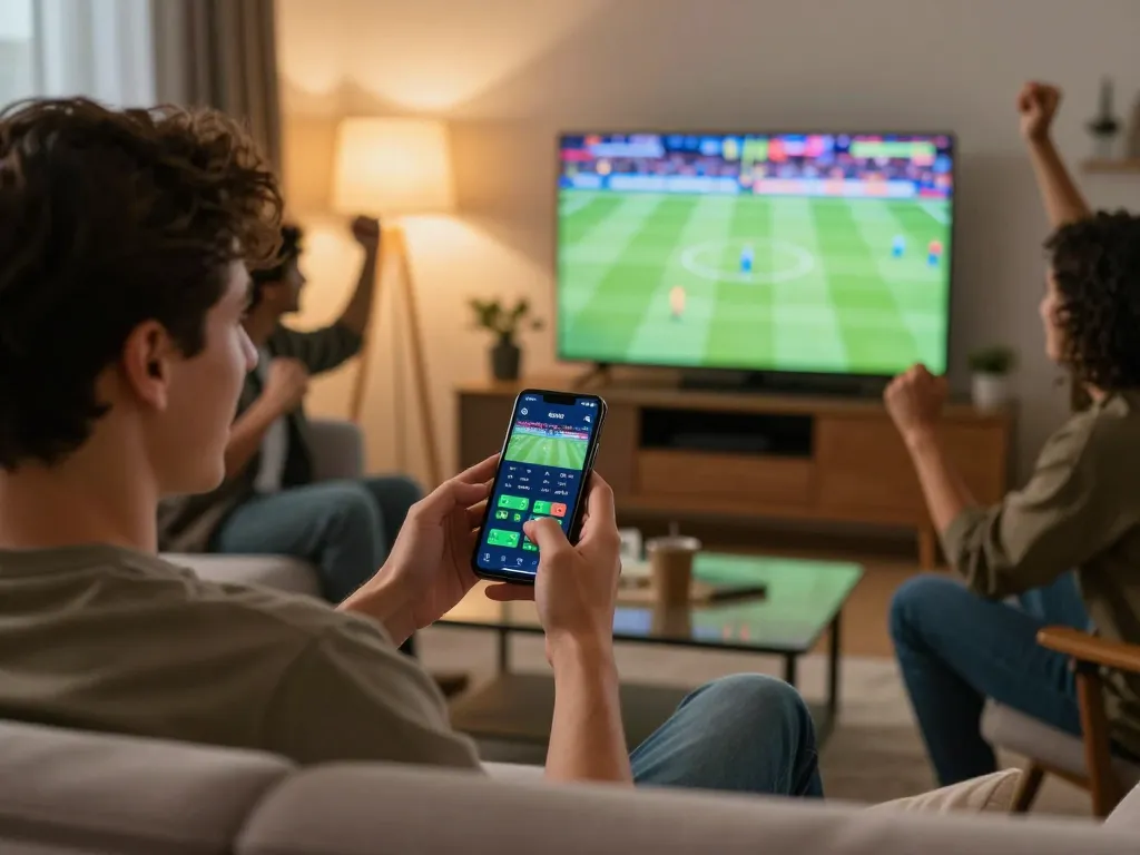 Excited player engages in F8bet sports betting on smartphone during live game.