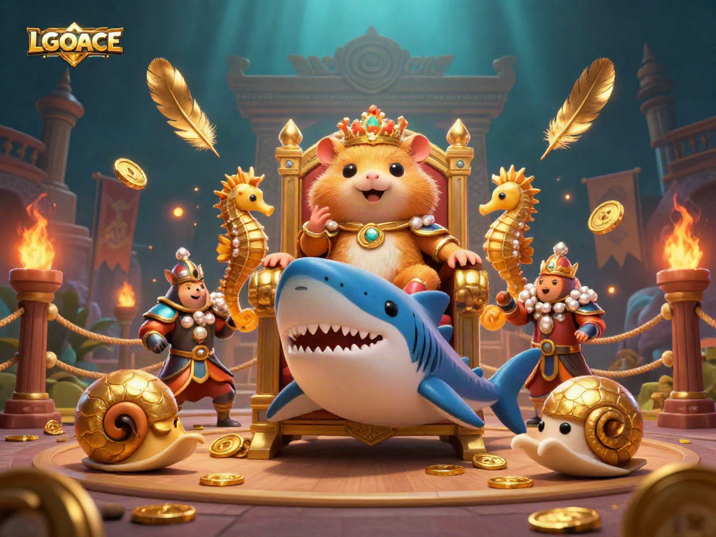 LGOACE offers an exhilarating online gaming experience with a vibrant scene featuring a golden hamster king, royal seahorse guards, and stunning betting visuals.