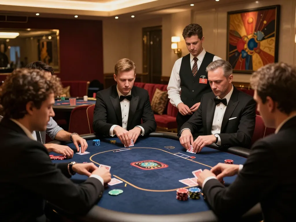 Players intensely engaging at a VIP66 poker table, showcasing high-stakes gaming atmosphere