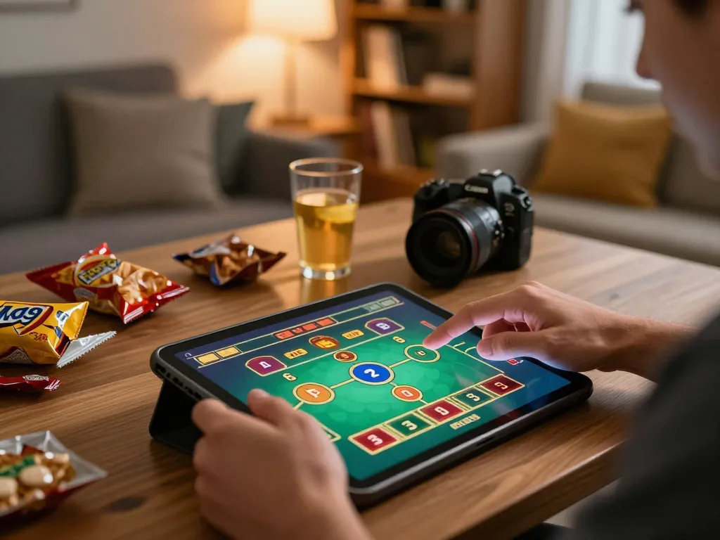 Player strategizing in a cozy home setting while engaging in F168 online gambling using a tablet.