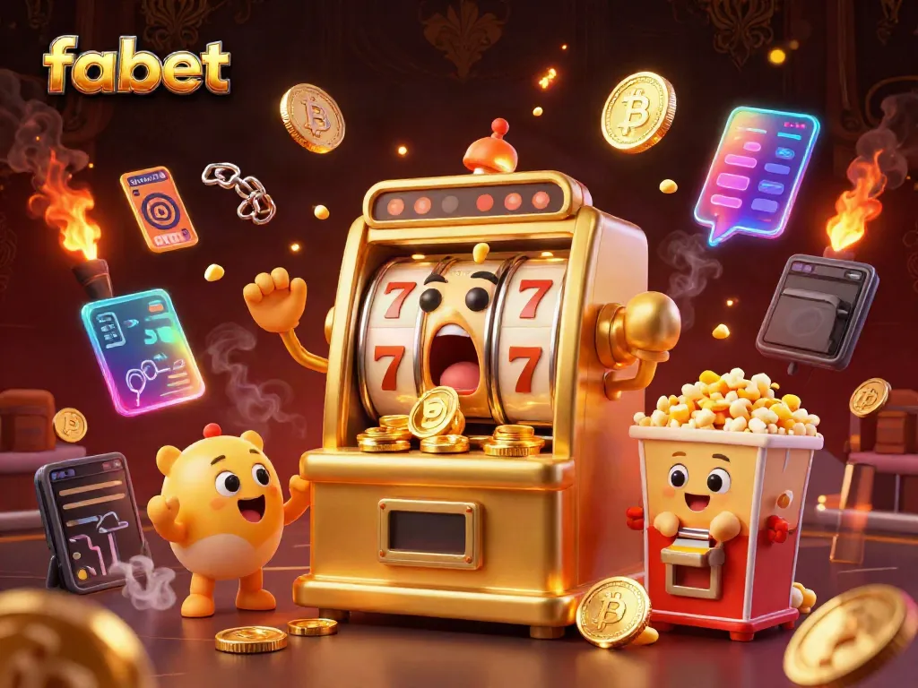Action-packed fabet scene with golden slot machines celebrating jackpot wins amidst visual elements of cryptocurrency and classic casino.