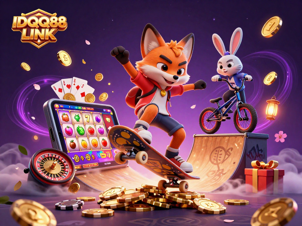 IDQQ88 LINK, a fox and rabbit in a thrilling casino scene with slot games and rich visuals.