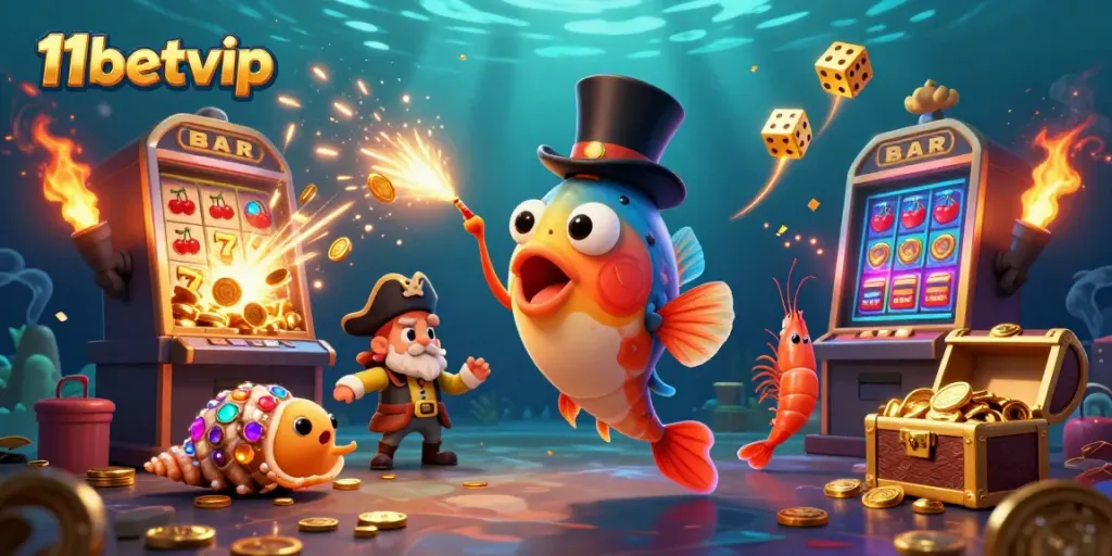 Experience the thrill of 11betvip with a vibrant 3D casino scene featuring unique underwater characters and dynamic gaming elements.