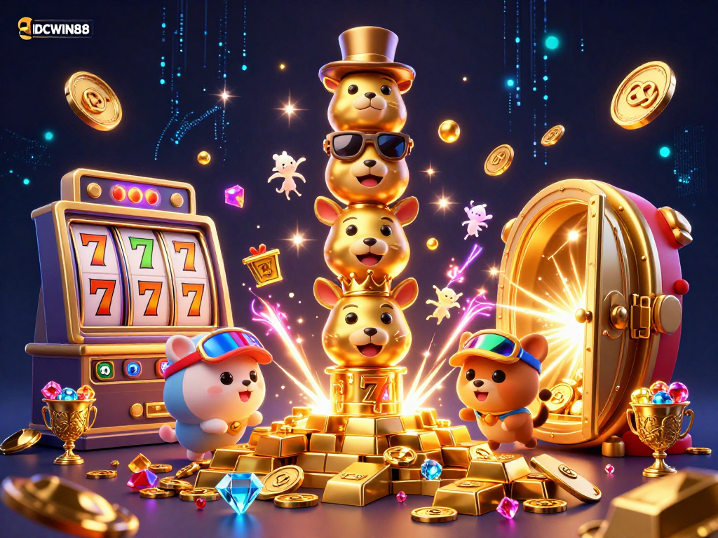 Experience thrilling gaming action with IDCWIN88, featuring vibrant casino elements and engaging character designs.