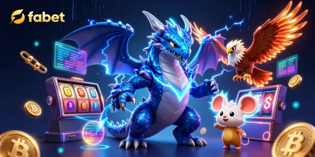 Experience thrilling slots with fabet's dragon and hawk in a vibrant casino scene.