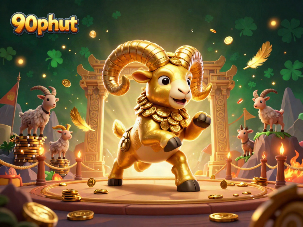 Join the 90phut adventure as a golden ram charges through an intricate gaming arena filled with riches.