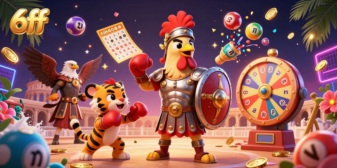 Engage with 6ff's dynamic 3D casino scene featuring a gladiator rooster amidst lively gaming elements.