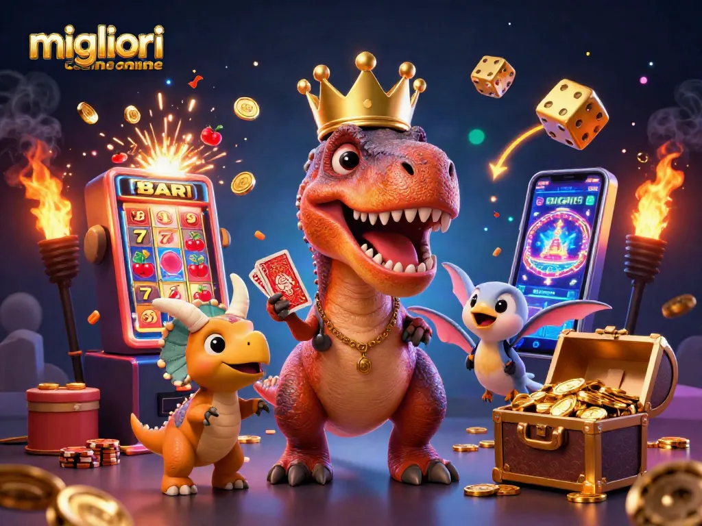 Giocando nei migliori casino online con simboli di gioco e personaggi divertenti in un'illustrazione vivace