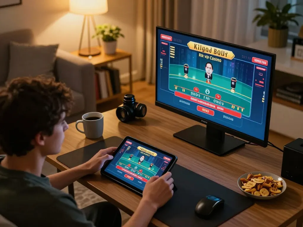 Player engaging in rik vip online casino gameplay on tablet in cozy home setting.