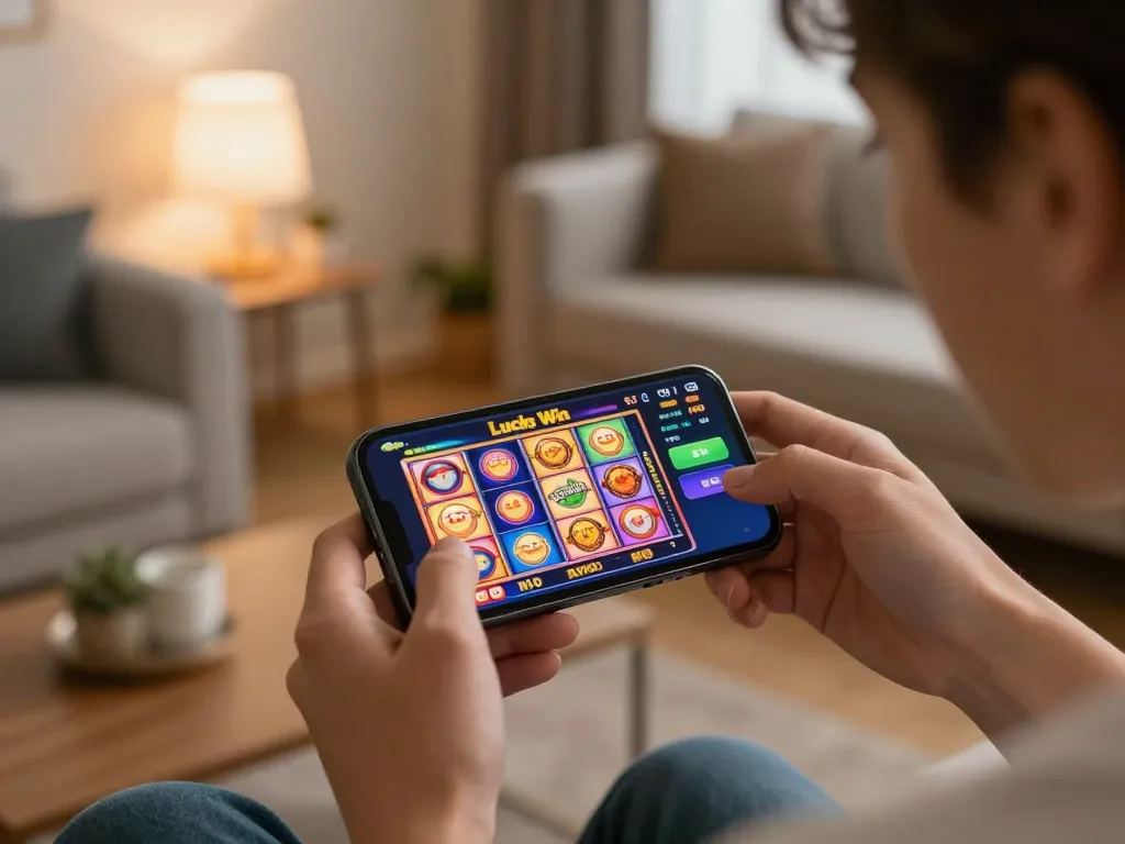 Playing Lucky Win slots on a smartphone in a cozy home setting, capturing excitement and engagement