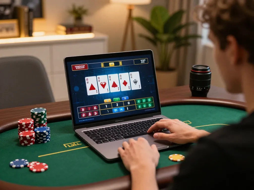Engaging in online poker at home with a go99 gaming setup featuring vibrant cards and chips.