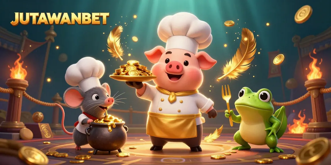 Experience the thrill of JUTAWANBET with engaging characters serving gold coins in a fantasy casino scene.