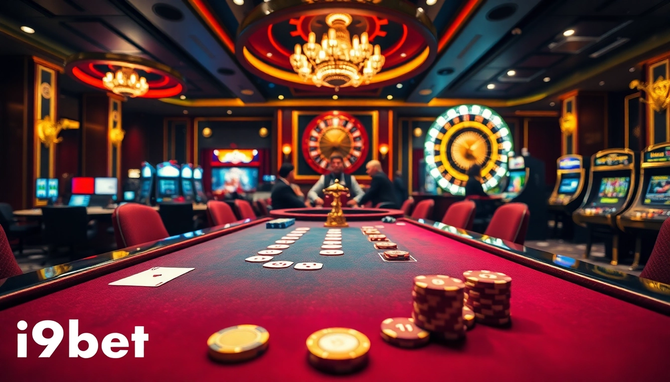 Experience the excitement of i9bet with vibrant casino action featuring poker tables, roulette, and chips.