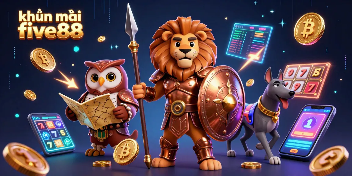 khuyến mãi five88 showcases a dynamic casino scene featuring a Spartan lion, tactical owl, and swift greyhound surrounded by vibrant slot machines and crypto elements.