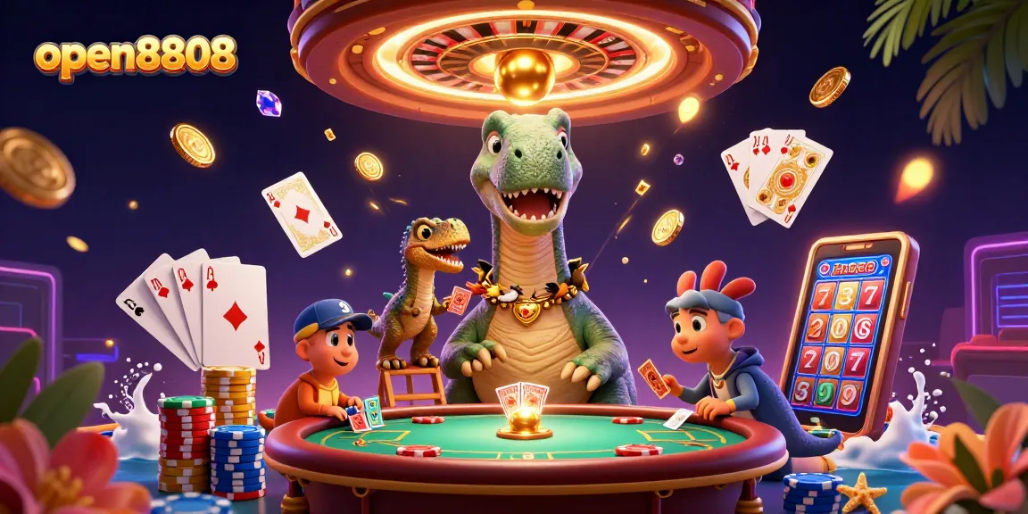 Experience thrilling gameplay at open8808 with a brontosaurus and clever raptor in an epic casino scene.