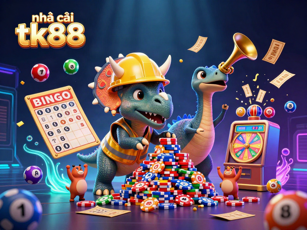 Engage in the exhilaration of Nhà cái tk88 with colorful casino elements and lively characters celebrating wins.
