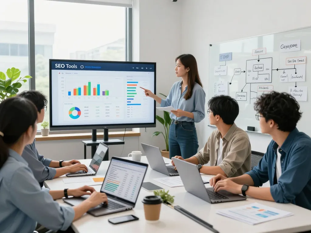 Team collaborating using group buy SEO tools in a modern office.