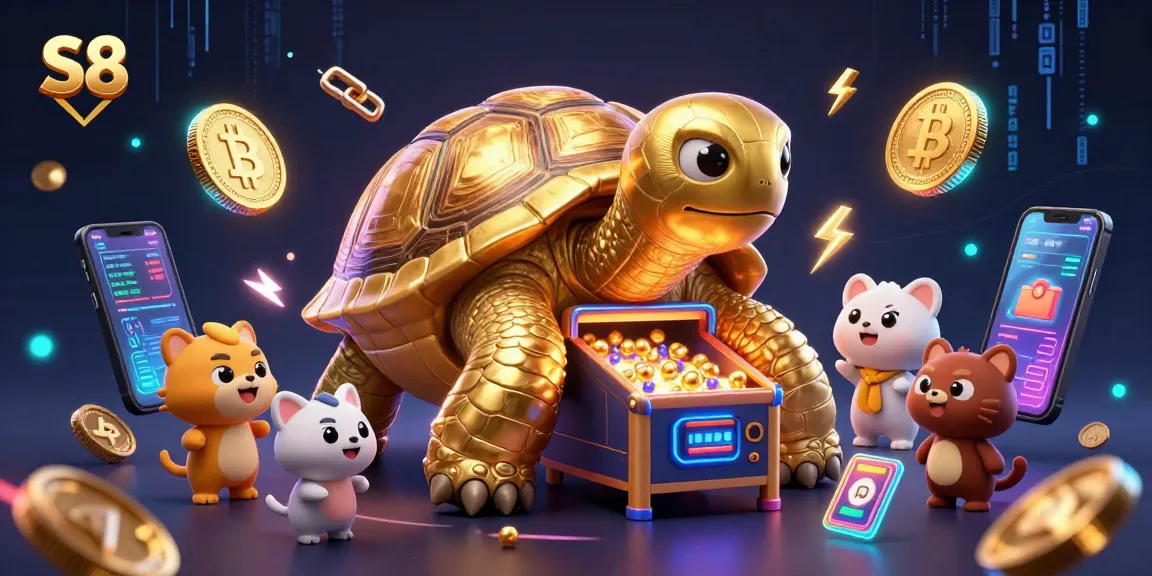 Spin to win at S8 featuring a colossal golden tortoise pinball machine amid crypto and casino elements!