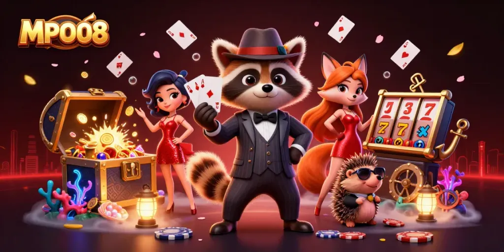 MPO08 features a suave raccoon, a charming fox, and a hedgehog amid vibrant casino elements, displaying excitement and fortune.