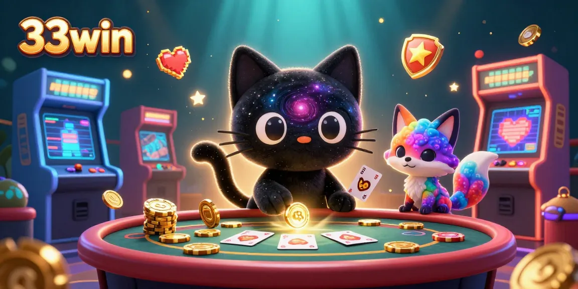 Experience the excitement of 33win casino with a cosmic black hole cat and colorful gaming elements.