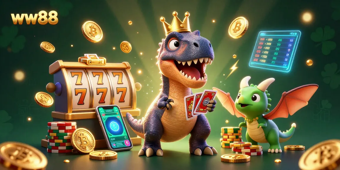 Experience thrilling gameplay at ww88 with a fun 3D scene featuring a T-Rex and friends in a vibrant casino.