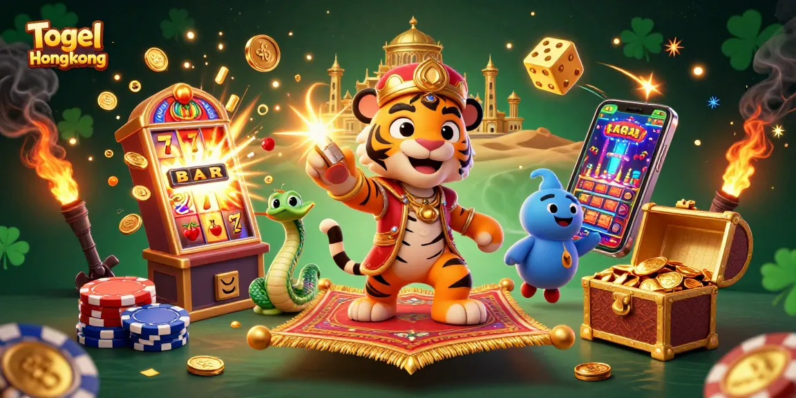Togel Hongkong immersive illustration showcasing animated characters and dynamic casino elements for an engaging gambling experience