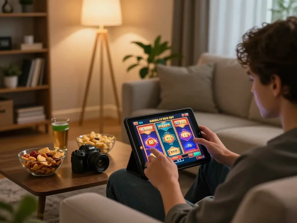 Engaged in online slots at home using tablet, showcasing Nhà cái 789win in a cozy setting.