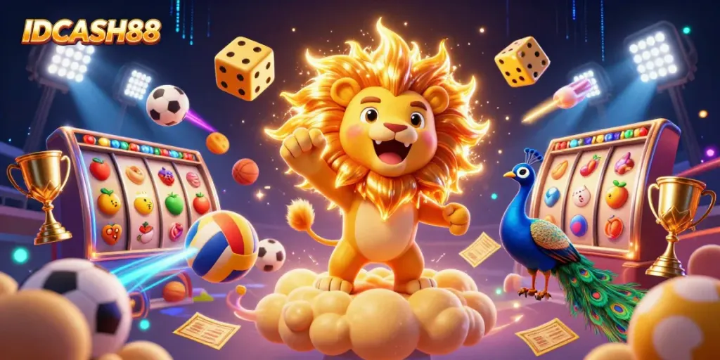 Experience the vibrant thrill of IDCASH88 with dynamic casino scenes and exciting gaming elements.