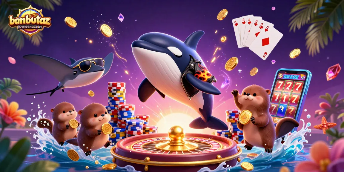 Bambumodernasian showcases thrilling jackpot action with a cartoon whale, stingray, and otters amidst vibrant casino elements.