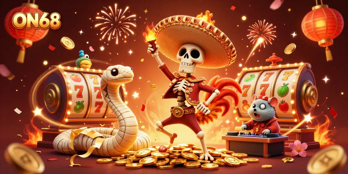 Celebrate big wins at ON68 with a vibrant 3D scene of festive characters amidst slot reels and gold coins.