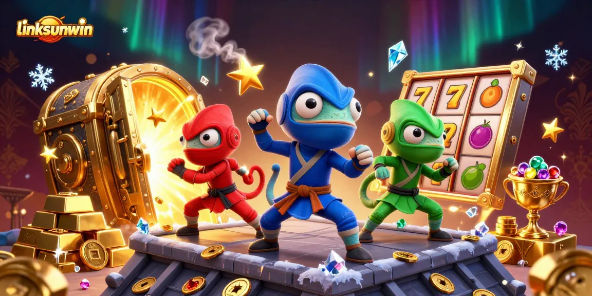 Engage in the thrilling world of linksunwin with chameleons perched atop a casino rooftop amidst vibrant symbols.