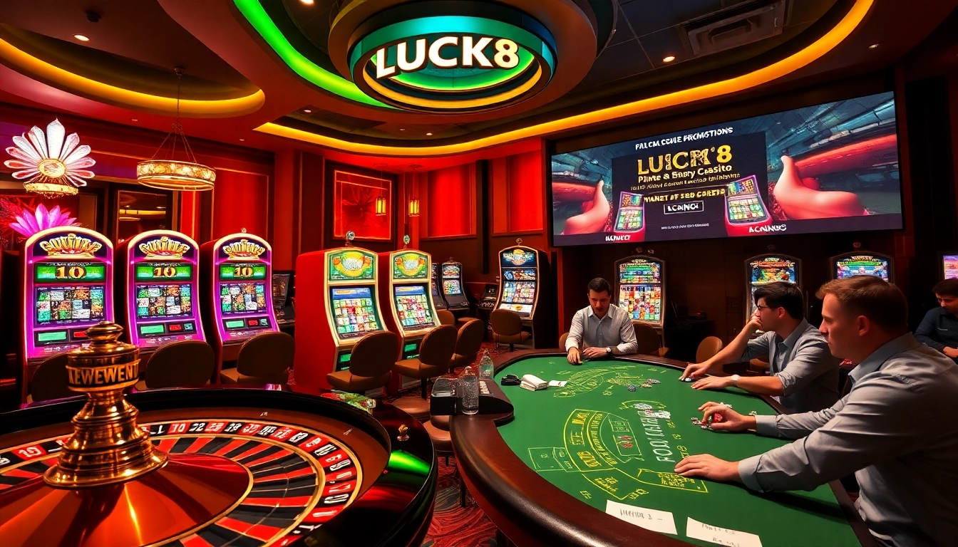 LUCK8 casino players enjoying a thrilling poker game and vibrant slot machines.