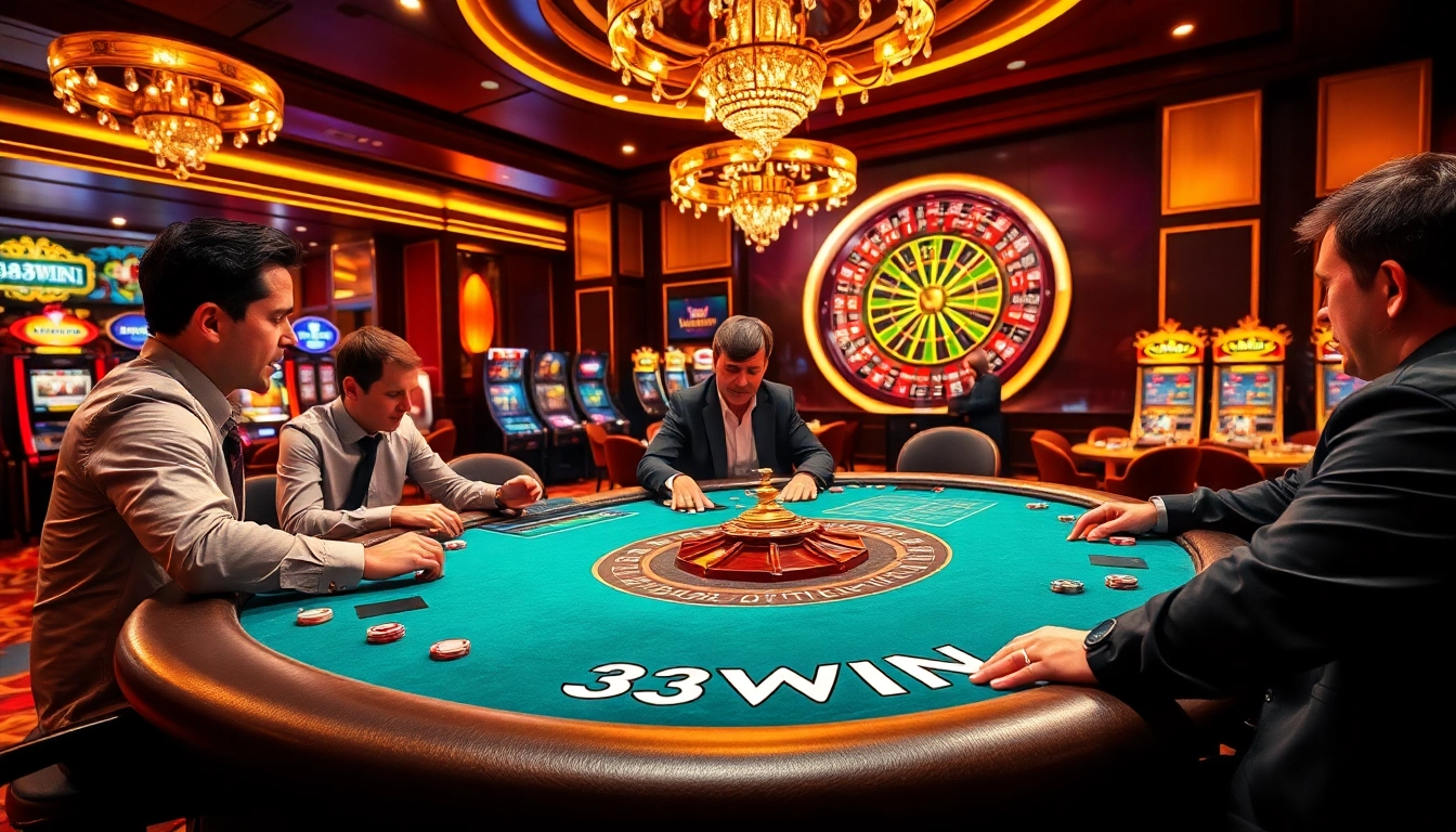 Experience high-stakes action at the 33WIN poker table with players and chips.