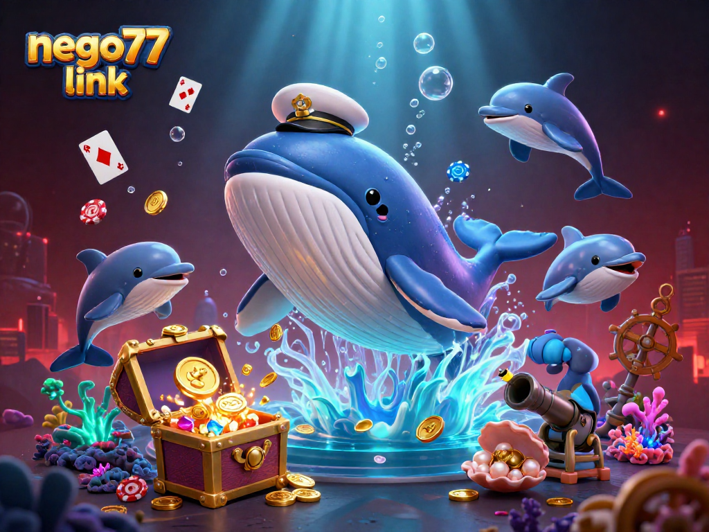 Engage with the exciting nego77 link as a giant whale dives into coins, surrounded by vibrant gaming elements.