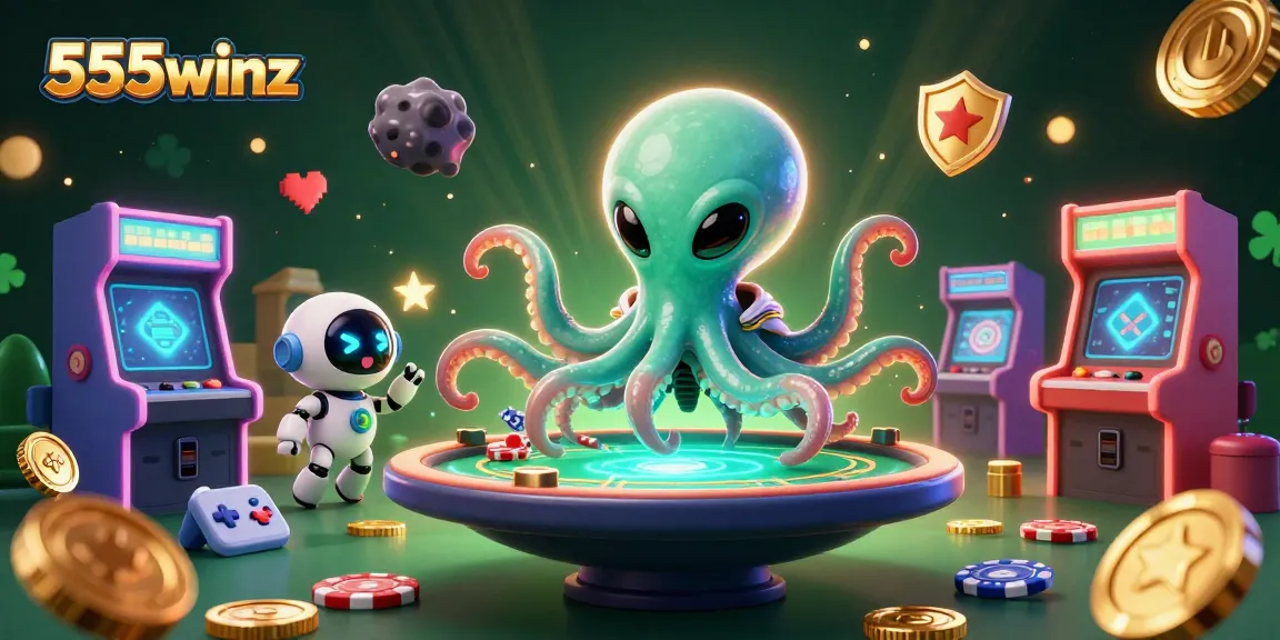 Experience thrilling poker action with 555winz, featuring an alien octopus and holographic table.