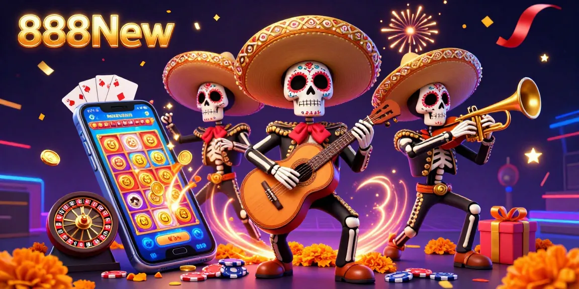 Experience the excitement of 888New with vibrant mariachis and immersive casino elements in this 3D illustration.