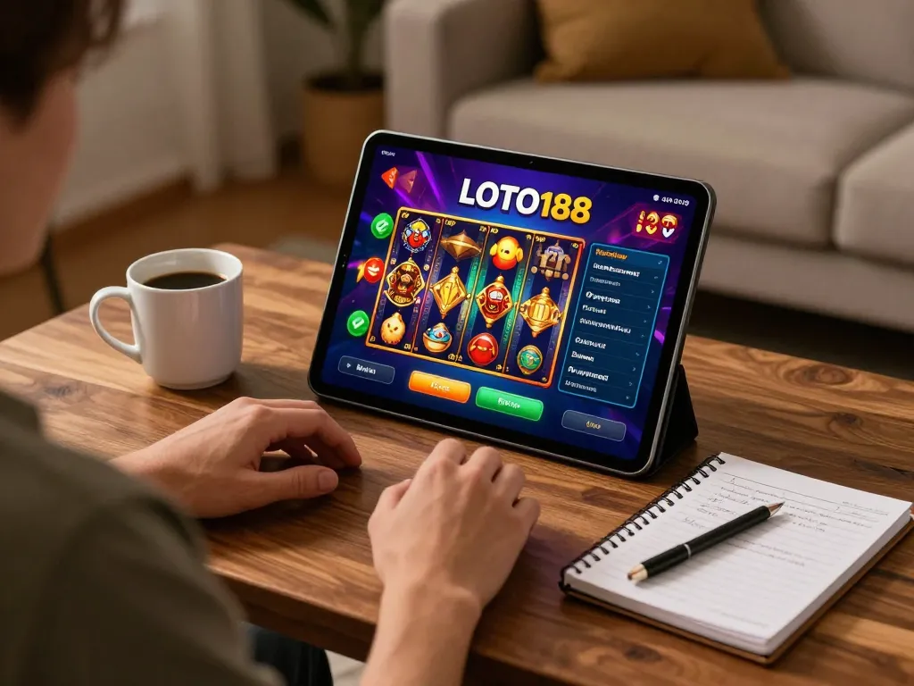 LOTO188 player engaged in online gaming strategy while analyzing game odds at home