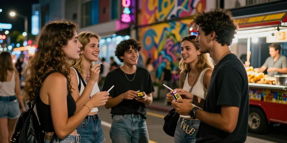 Social gathering in urban setting with friends enjoying rokok88 cigarettes, vibrant city lights.