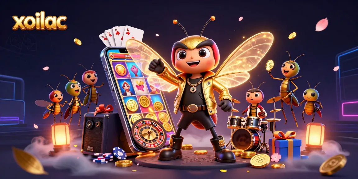 Xoilac showcases a vibrant scene of a cicada rock star with golden coins and slot games, engaging viewers in gaming excitement.