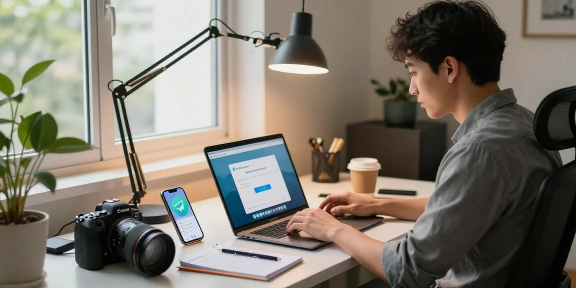 Streamlined workspace showcasing Telegram download activity on a laptop, emphasizing productivity and tech comfort.