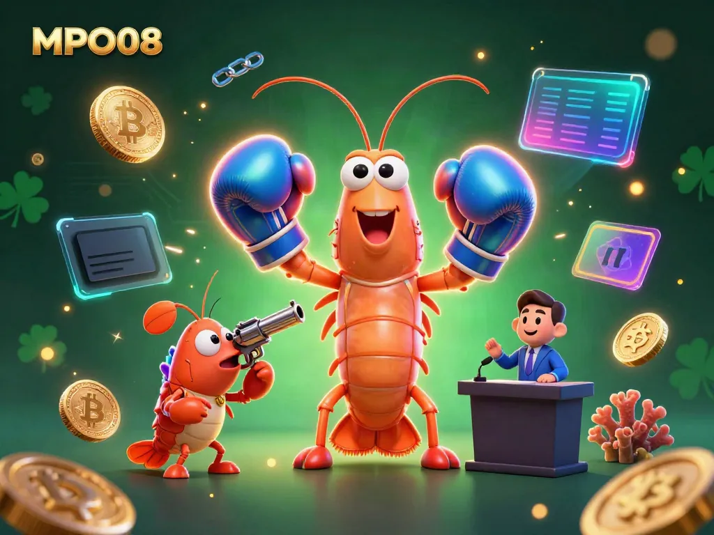 Experience the thrill of MPO08 with vibrant casino characters and crypto elements in a dynamic 3D illustration.