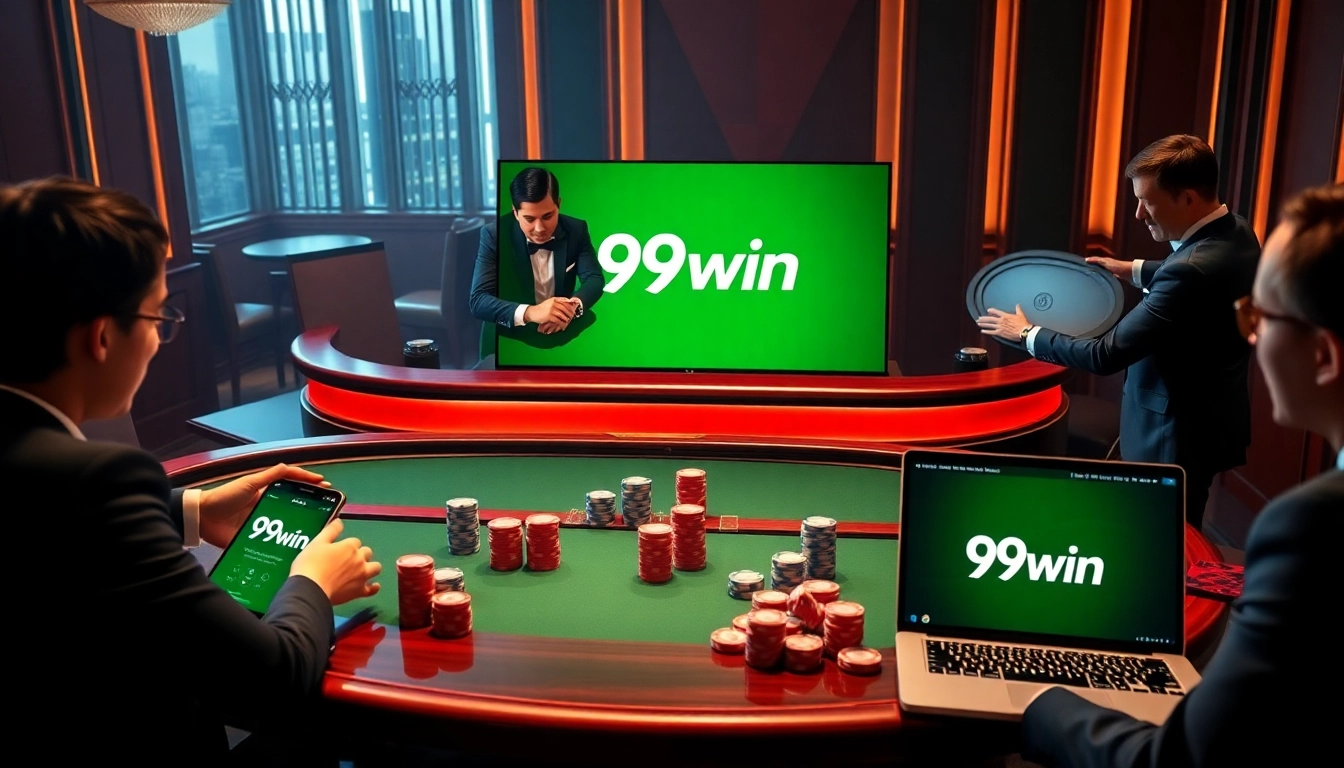 Play poker at 99win's luxurious online casino table with vibrant chips and a professional dealer.