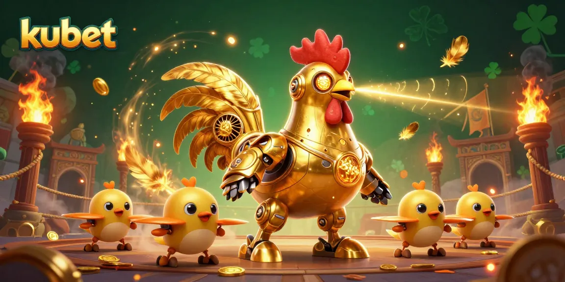 Experience kubet's thrilling gaming world with a dynamic golden rooster robot and baby chick drones amidst golden elements.