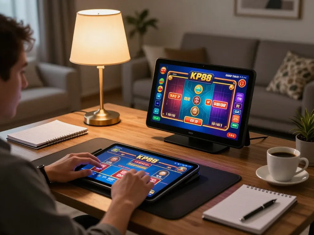 Player enjoying KP88 online slot games on a tablet with vibrant screen display, showcasing an engaging gaming experience.