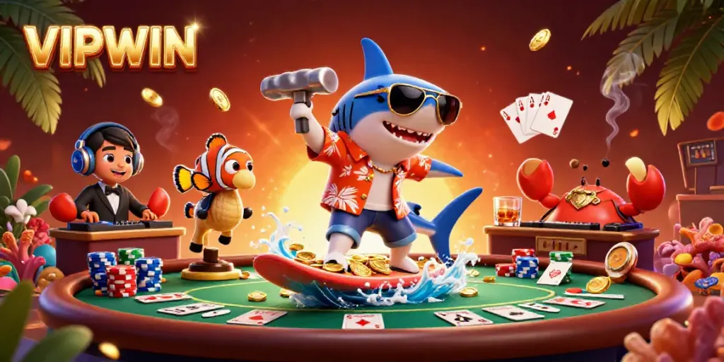 Celebrate big wins at VIPWIN with a colorful 3D casino illustration featuring gaming fun.