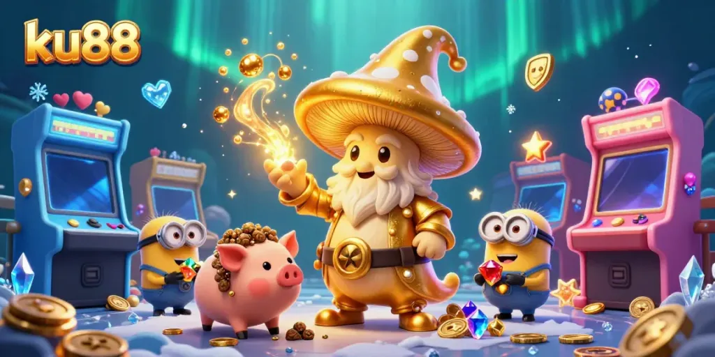 Engage in the magical world of ku88 with a golden mushroom wizard, treasure, and vibrant gaming elements.