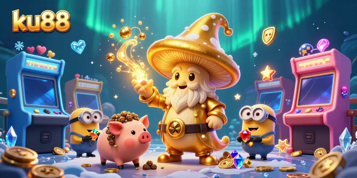 Engage in the magical world of ku88 with a golden mushroom wizard, treasure, and vibrant gaming elements.